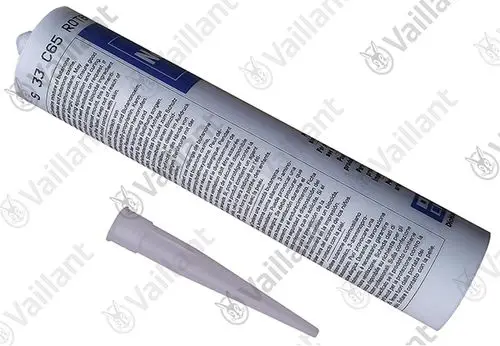 Vaillant Dichtungsmasse in Kartusche, kombiniert mit Spitze, zeigt technische Informationen in mehreren Sprachen auf der Verpackung.